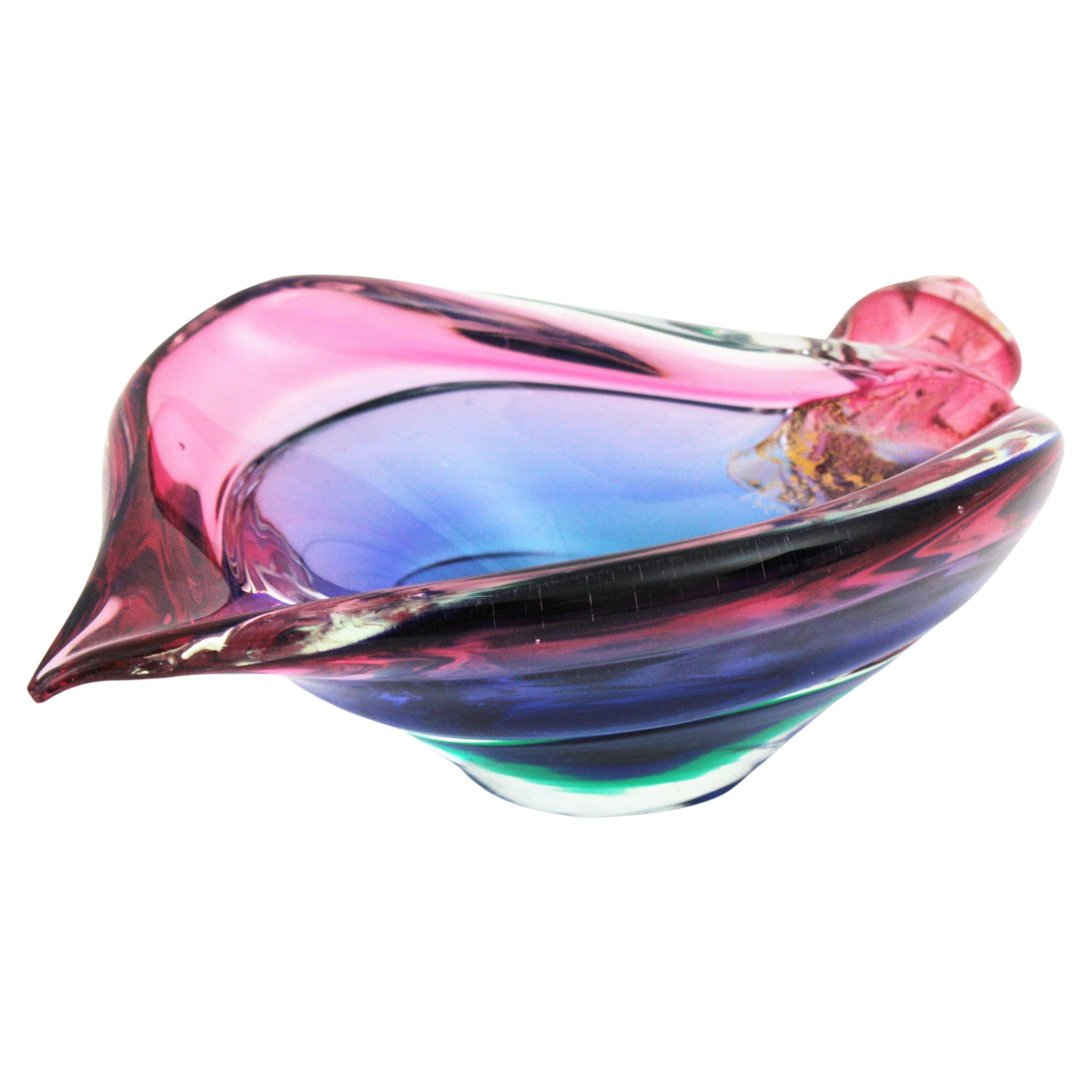 Seguso Murano Tazón de concha de cristal púrpura azul rosa con motas doradas Moderno de mediados de siglo en venta