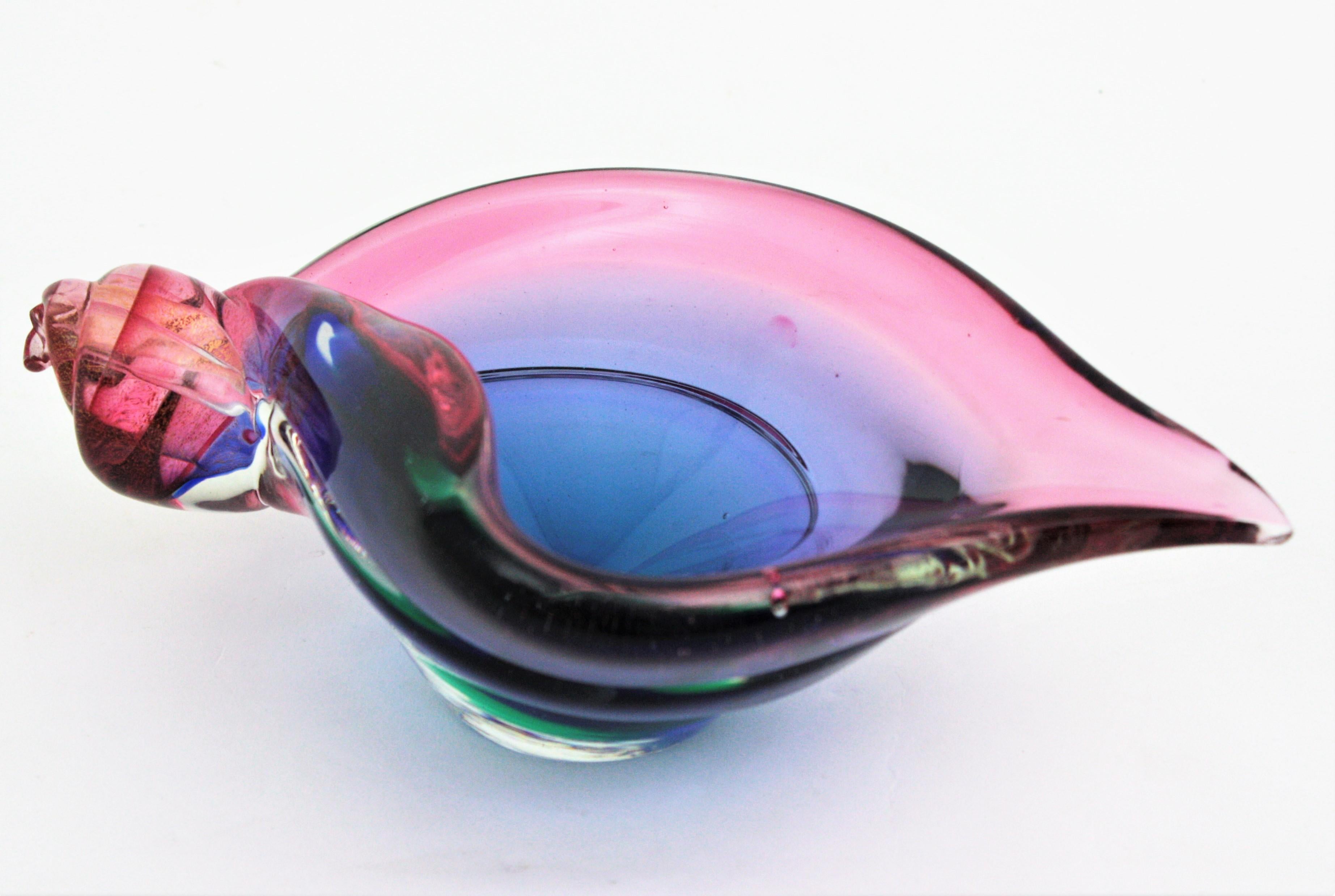 Gold Leaf Seguso Murano Purple Blue Pink Glass Shell Centerpiece Bowl with Gold Flecks For Sale