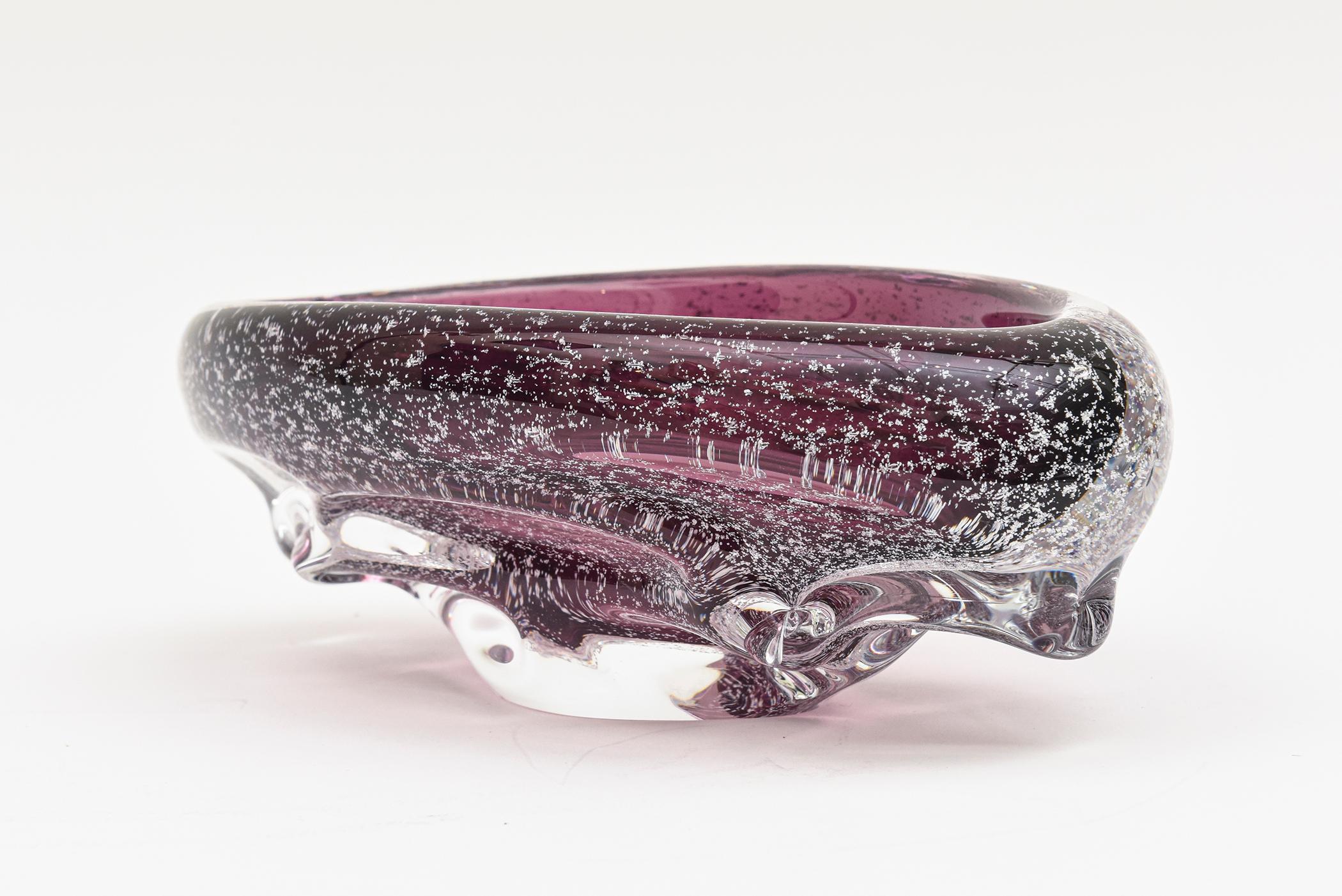 Mid-Century Modern Vintage Seguso Murano Purple Pulegoso Bubble Oval Glass Bowl with Appendages For Sale
