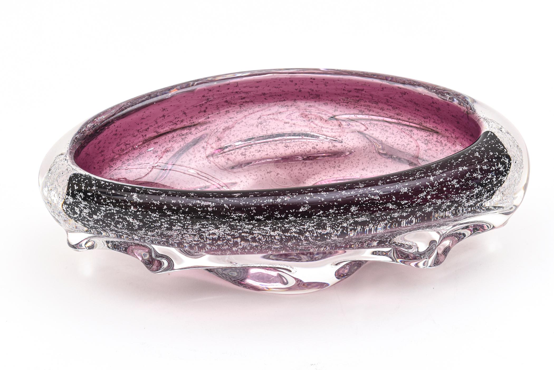Mid-20th Century Vintage Seguso Murano Purple Pulegoso Bubble Oval Glass Bowl with Appendages For Sale