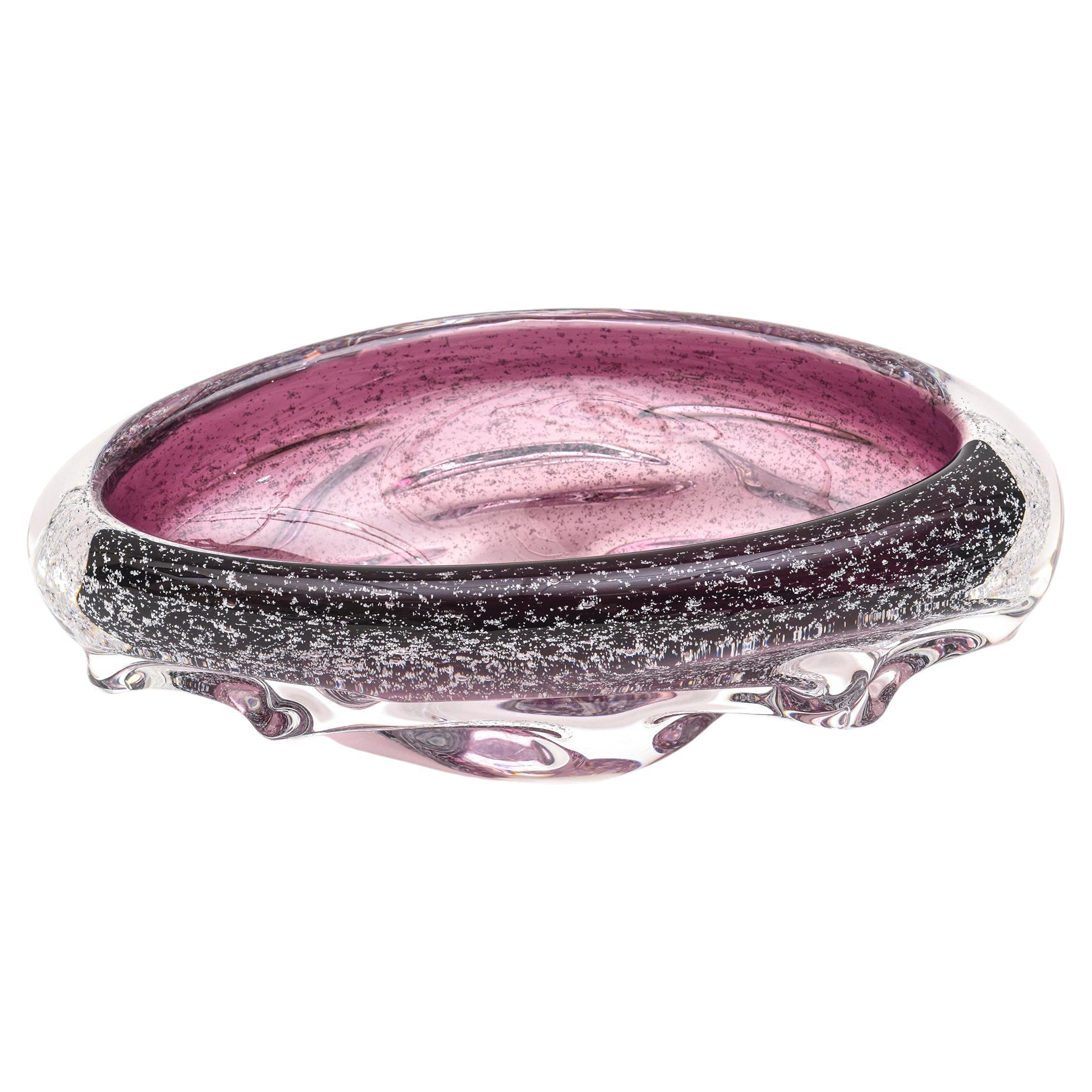 Vintage Seguso Murano Purple Pulegoso Bubble Oval Glass Bowl with Appendages For Sale