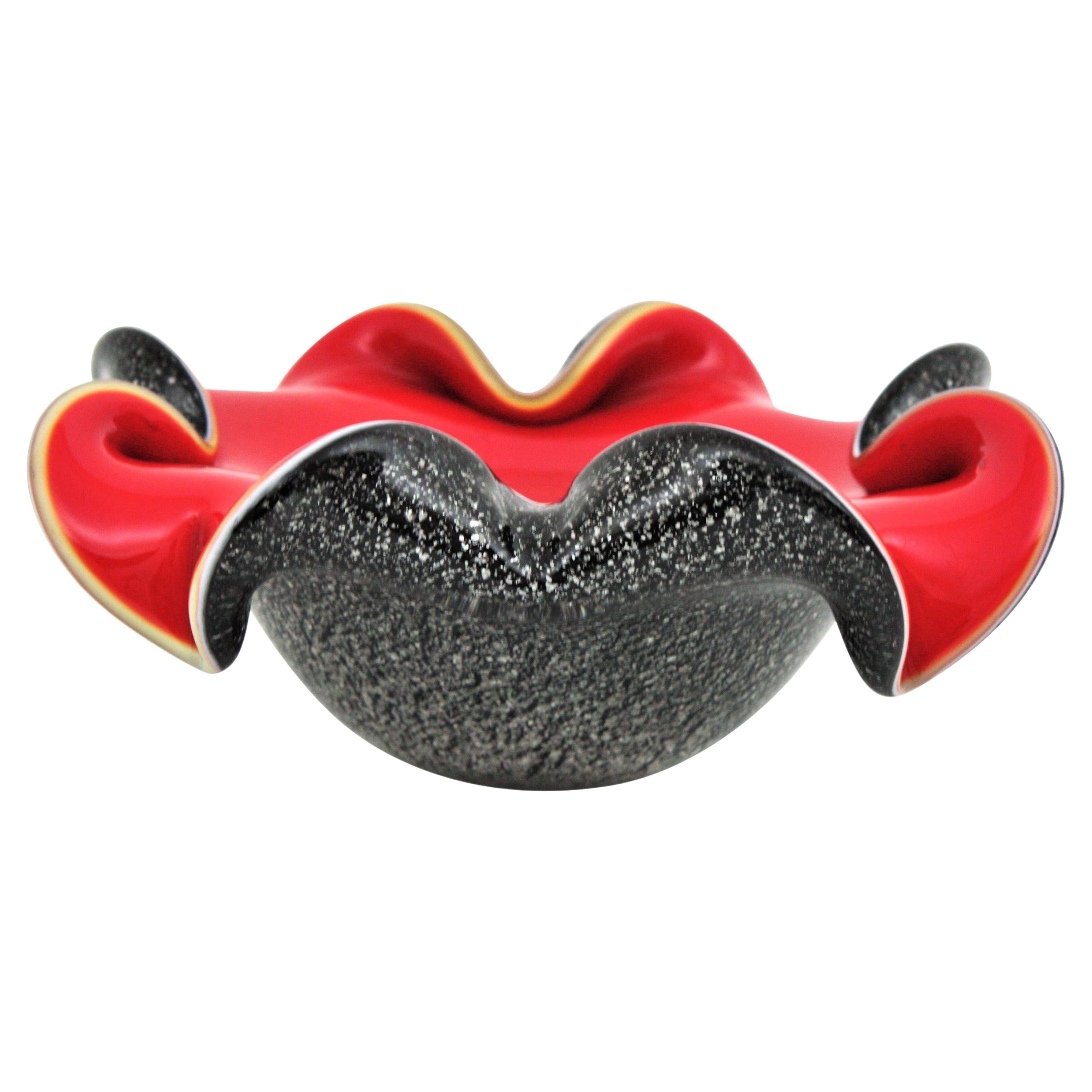 Seguso Murano Red Black Silver Flecks Art Glass Flower Bowl