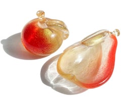 Seguso Murano Red Gold Flecks Italian Art Glass Pear Dish Apple Paperweight Set