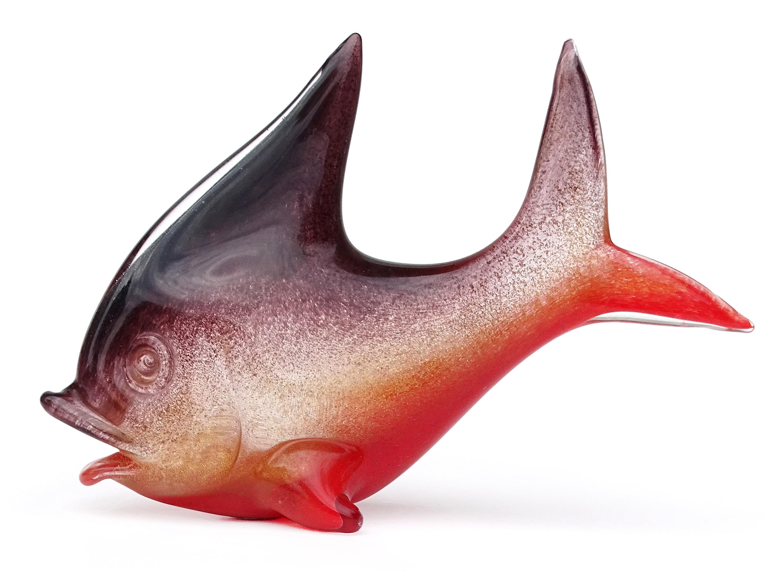 Mid-Century Modern Seguso Murano Red Gold Flecks Purple Pulveri Italian Art Glass Fish Sculpture For Sale