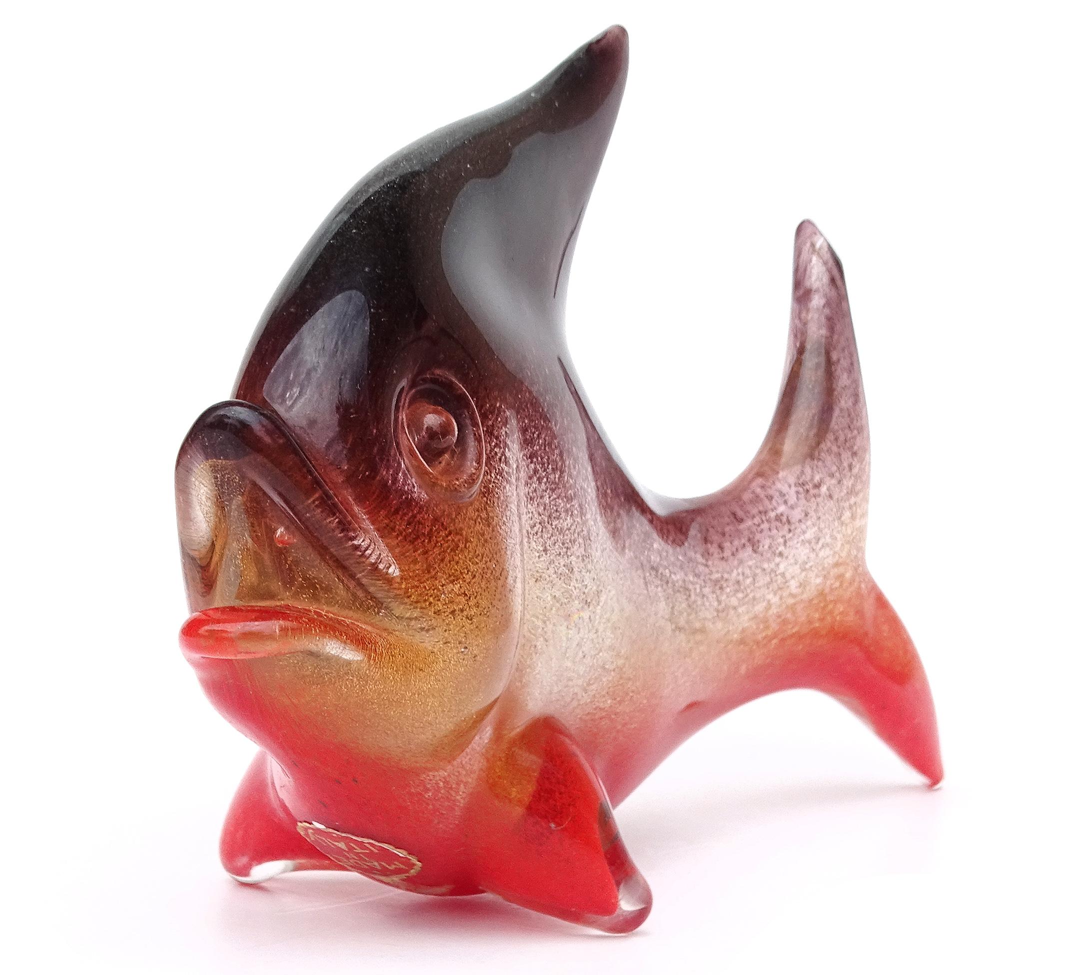 Hand-Crafted Seguso Murano Red Gold Flecks Purple Pulveri Italian Art Glass Fish Sculpture For Sale