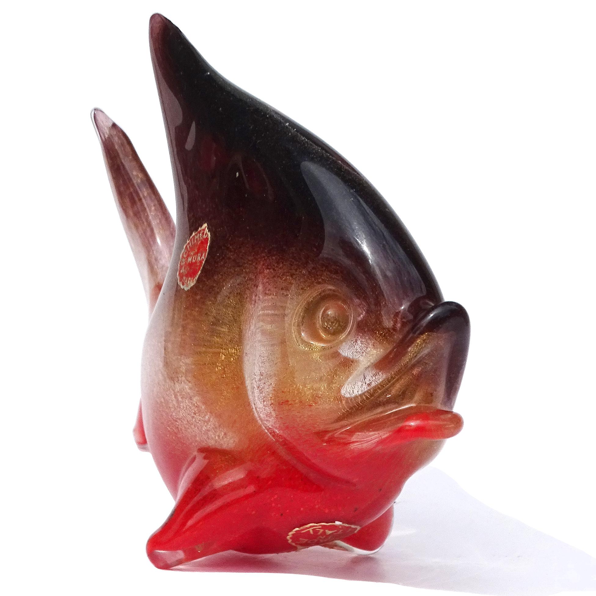 Seguso Murano Red Gold Flecks Purple Pulveri Italian Art Glass Fish Sculpture In Good Condition For Sale In Kissimmee, FL