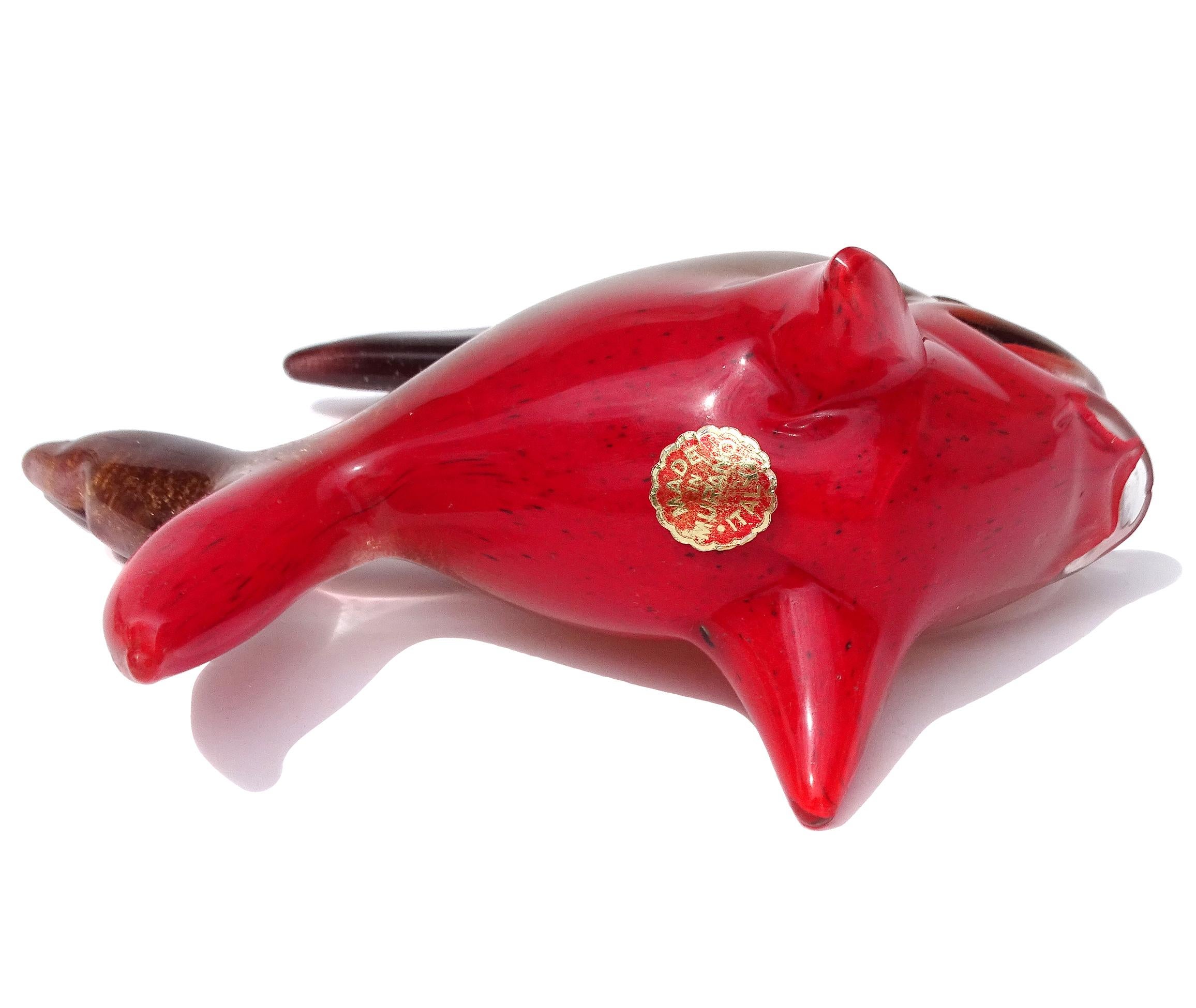 Scultura di pesce in vetro artistico italiano Seguso Murano rosso oro a macchie viola Pulveri in vendita 1