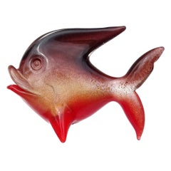 Seguso Murano Red Gold Flecks Purple Pulveri Italian Art Glass Fish Sculpture