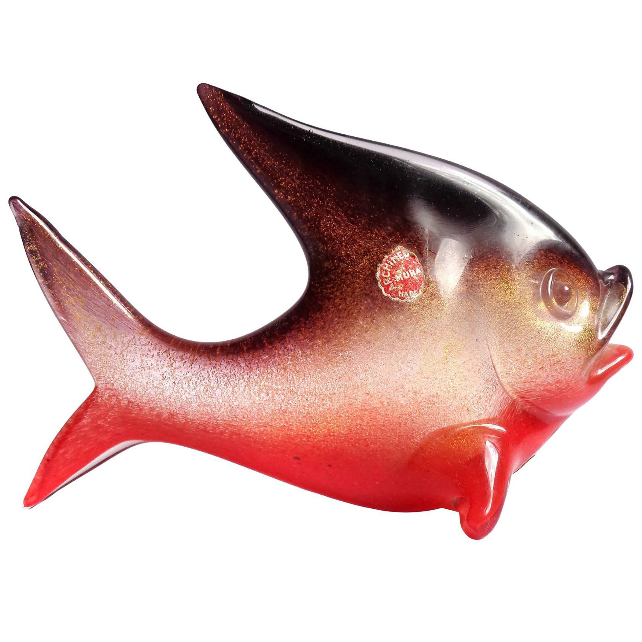 Seguso Murano Red Gold Flecks Purple Pulveri Italian Art Glass Fish Sculpture For Sale