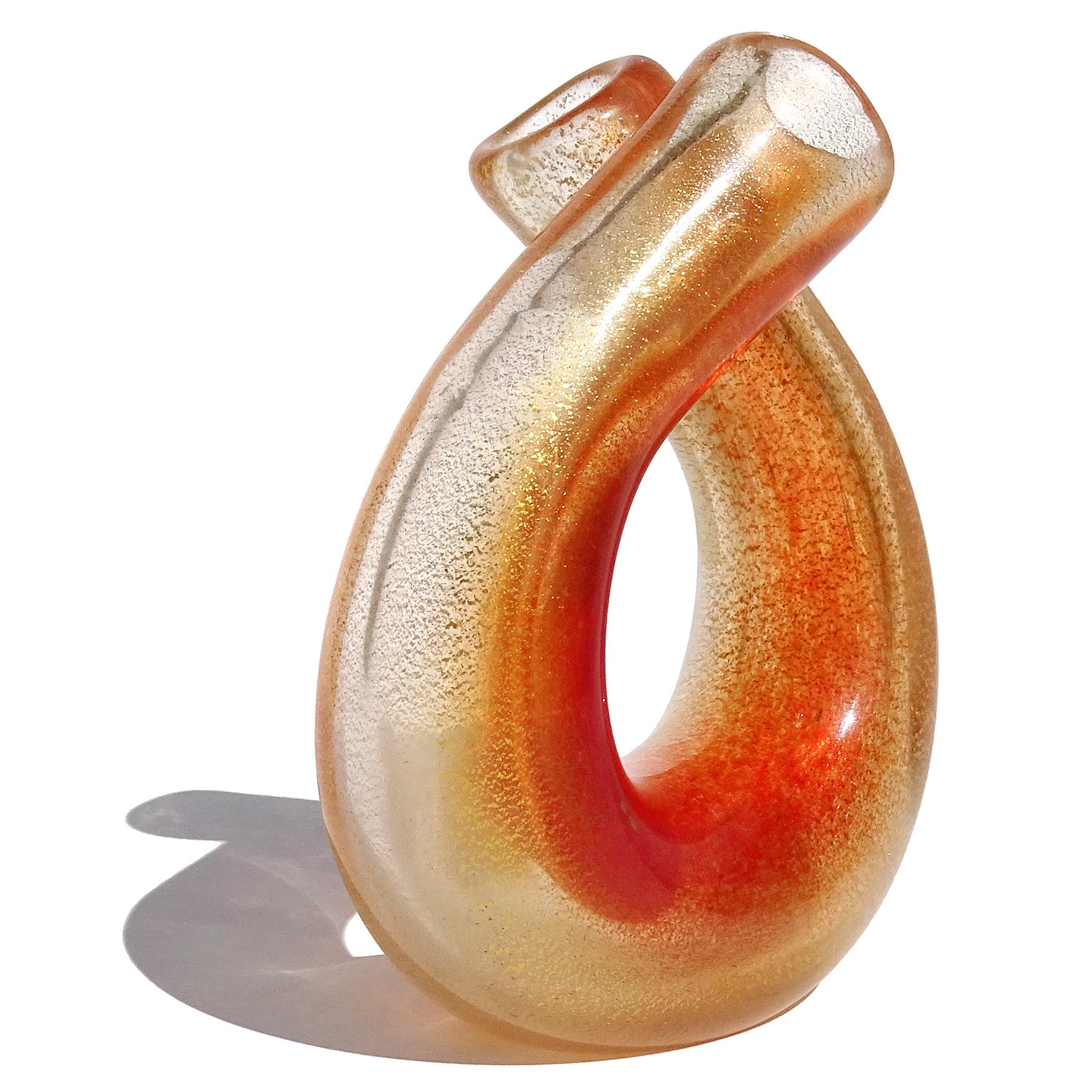 Seguso Murano Red Orange Gold Flecks Italian Art Glass Double Mouth Flower Vase For Sale 4
