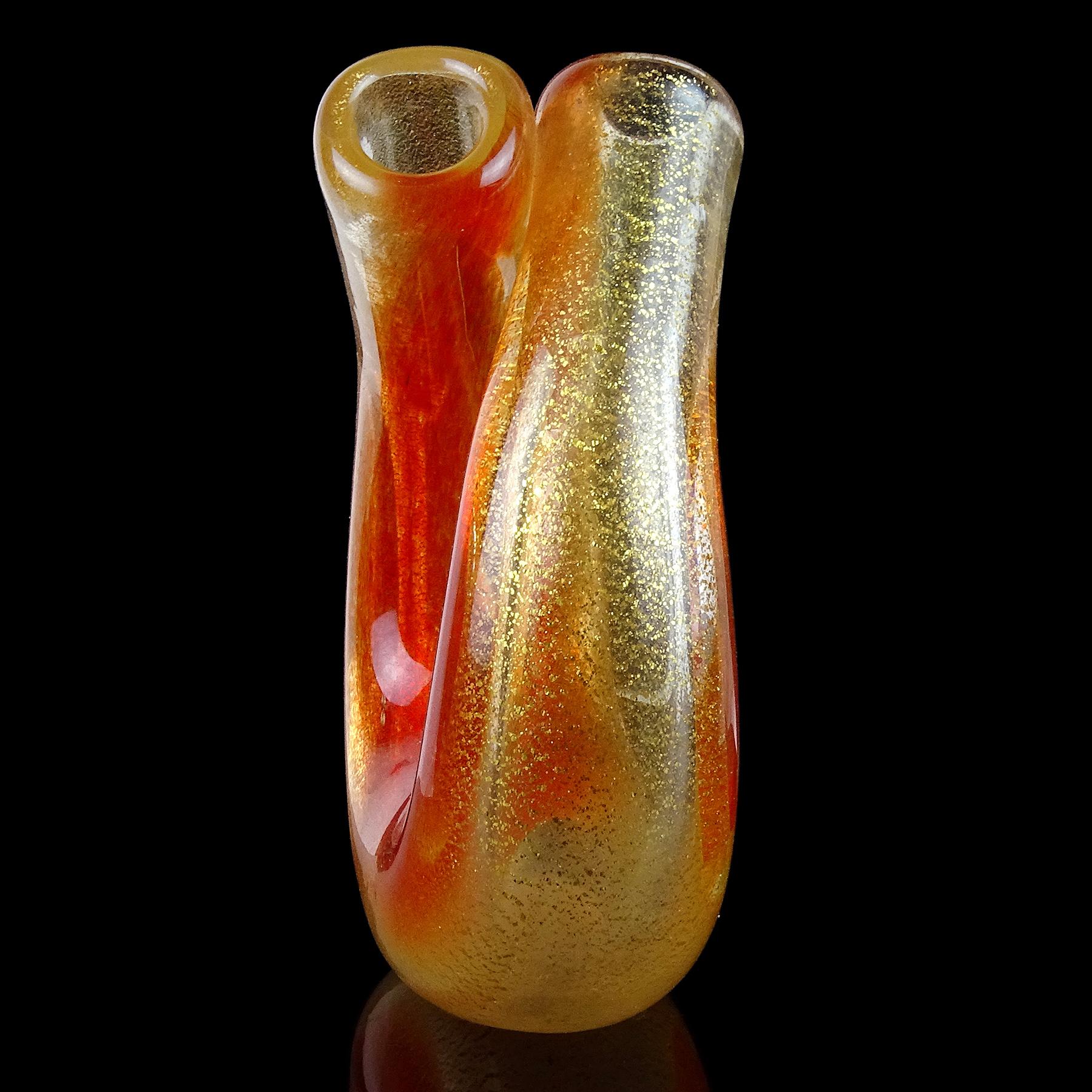 Seguso Murano Red Orange Gold Flecks Italian Art Glass Double Mouth Flower Vase For Sale 5