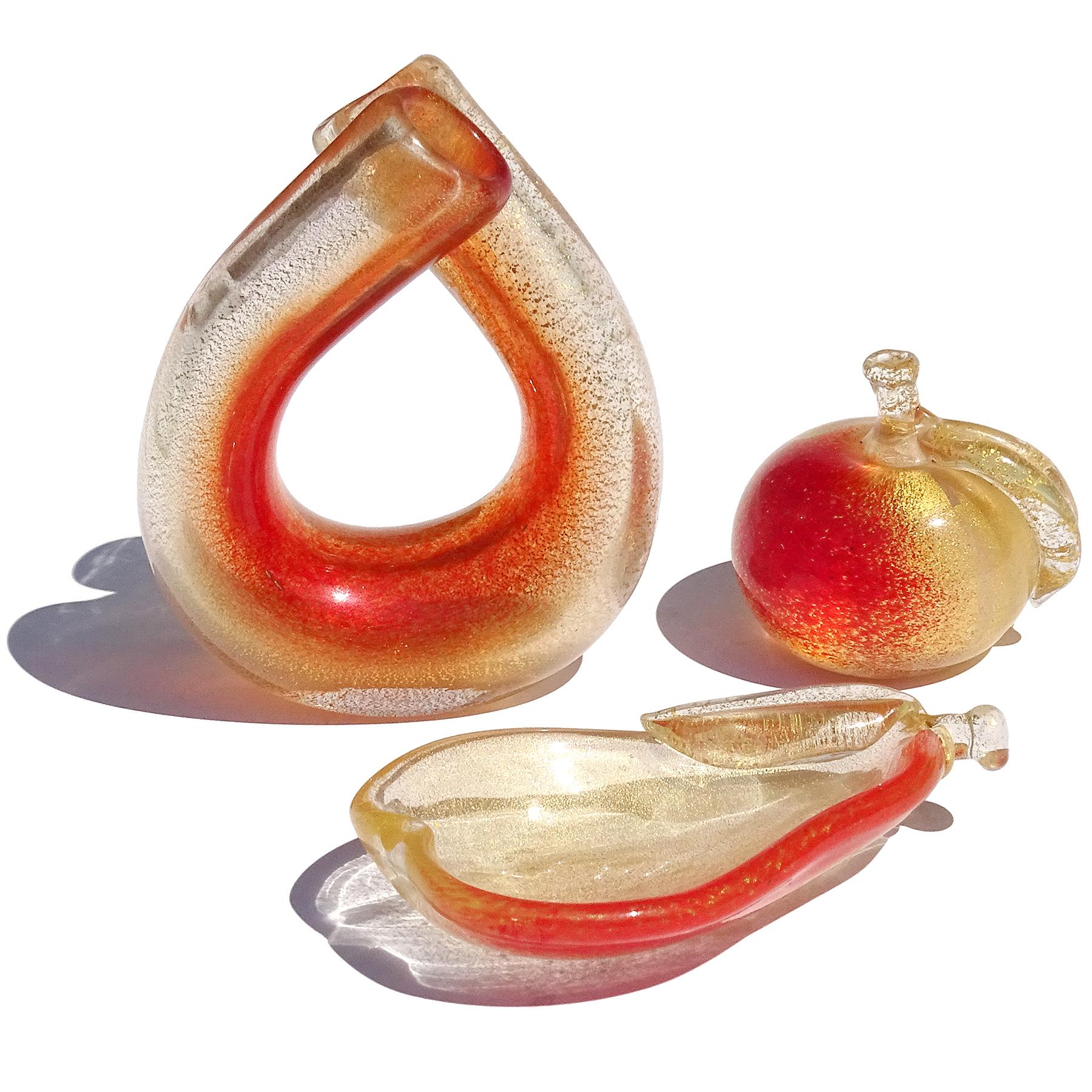 Seguso Murano Red Orange Gold Flecks Italian Art Glass Double Mouth Flower Vase For Sale 6