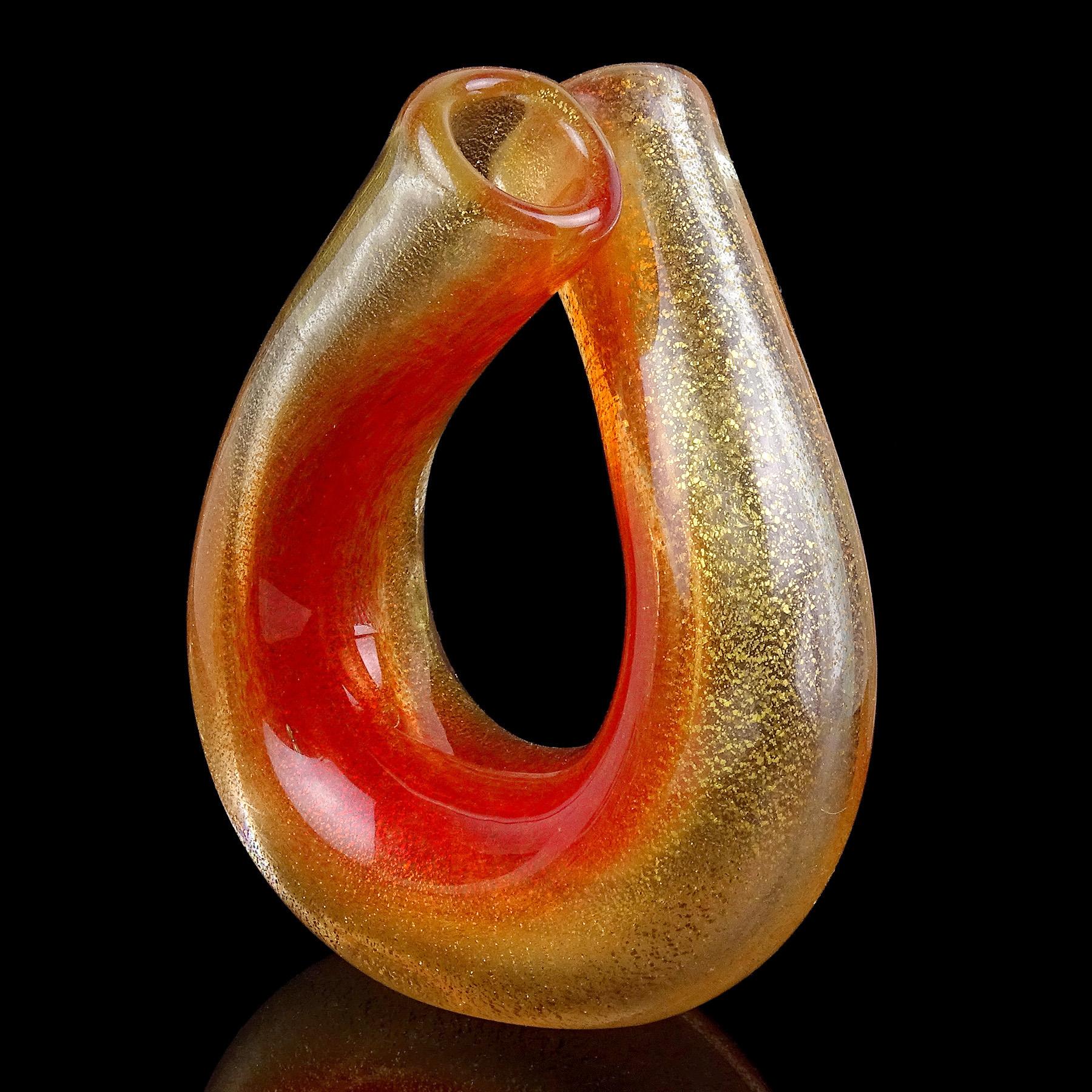 Mid-Century Modern Seguso Murano Red Orange Gold Flecks Italian Art Glass Double Mouth Flower Vase For Sale