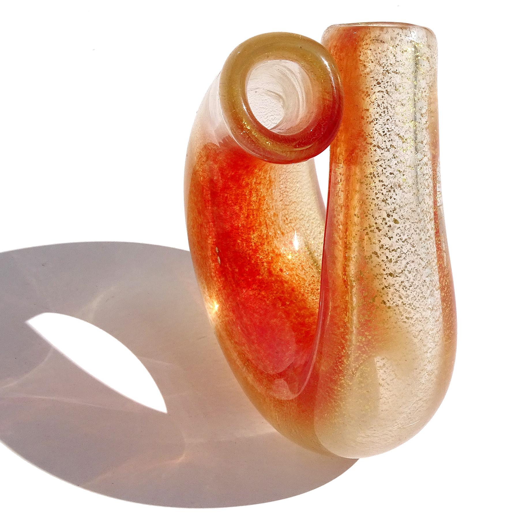 Seguso Murano Red Orange Gold Flecks Italian Art Glass Double Mouth Flower Vase In Good Condition For Sale In Kissimmee, FL