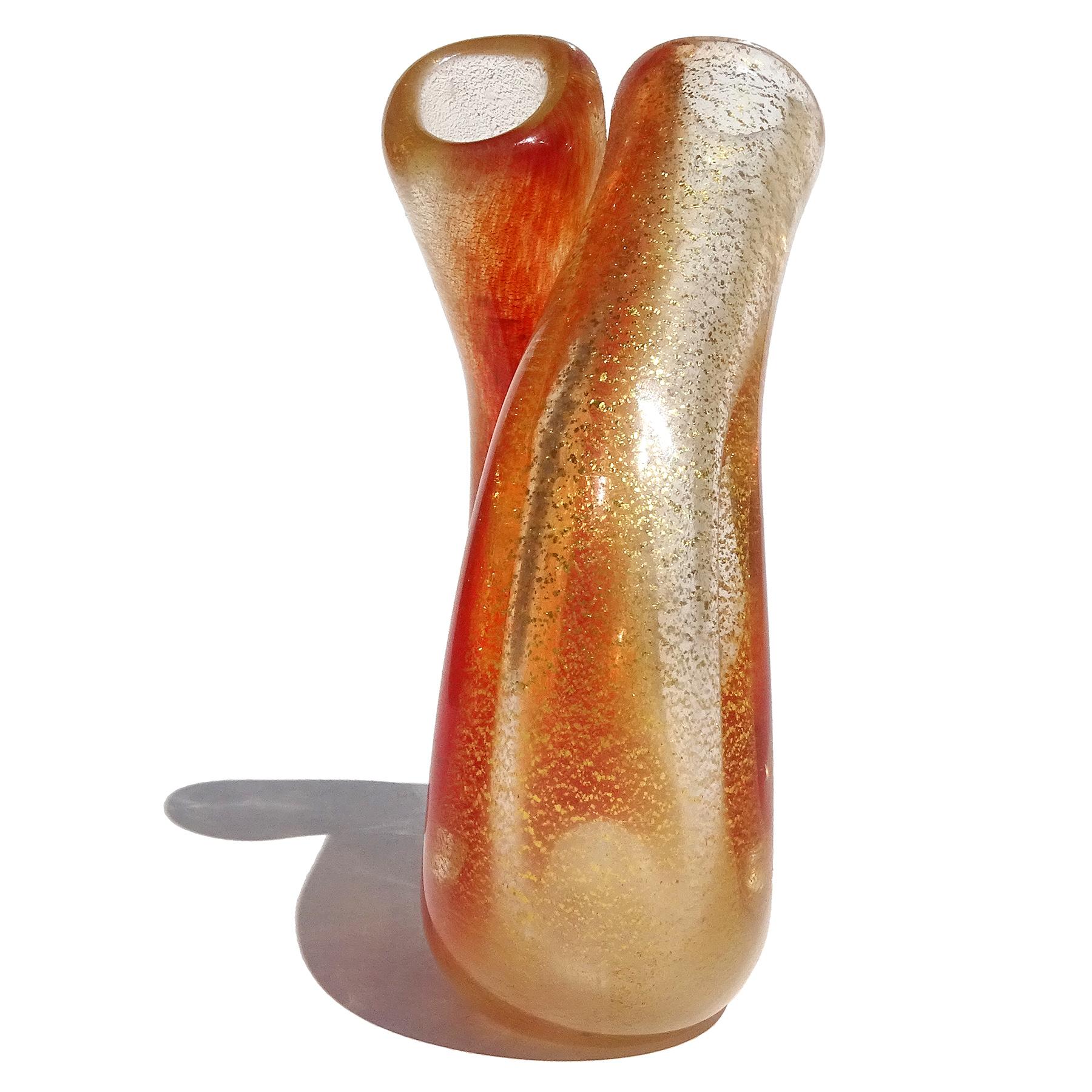Seguso Murano Red Orange Gold Flecks Italian Art Glass Double Mouth Flower Vase For Sale 3