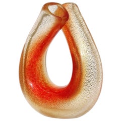 Seguso - Vase à fleurs en verre d'art italien de Murano à double moelle, rouge, orange et mouchetures d'or
