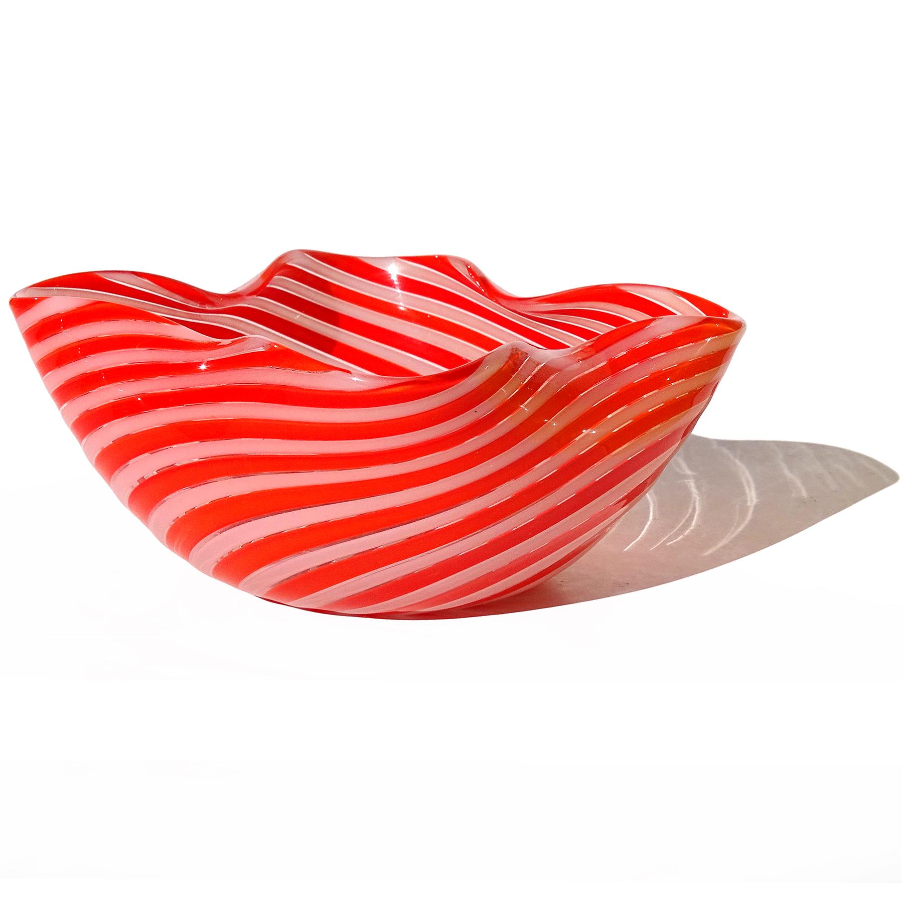 20th Century Seguso Murano Red Orange Opal White Optic Swirl Italian Art Glass Dish Bowl For Sale
