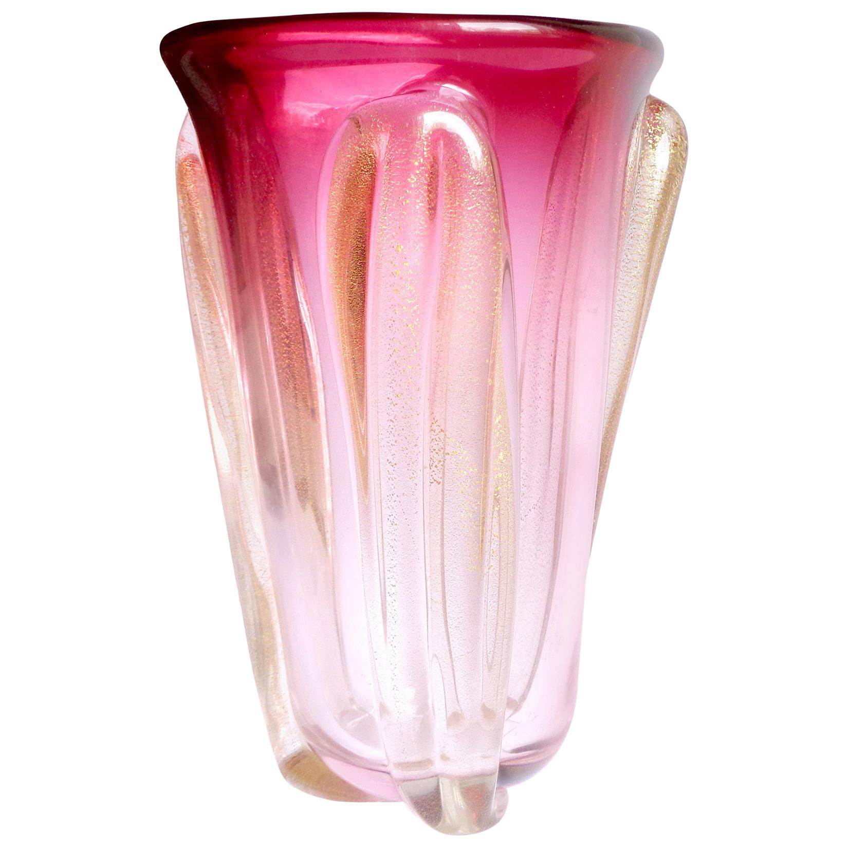 Seguso Murano Red to Pink Sommerso Gold Flecks Italian Art Glass Flower Vase