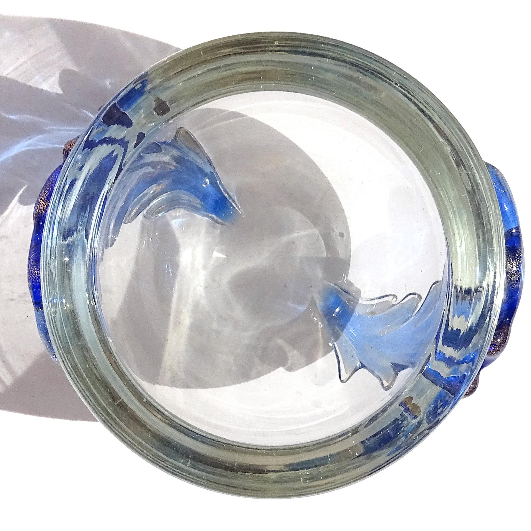 Fatto a mano Ciotola in vetro artistico italiano con piume applicate Seguso Murano Blu Zaffiro a chiazze d'oro in vendita