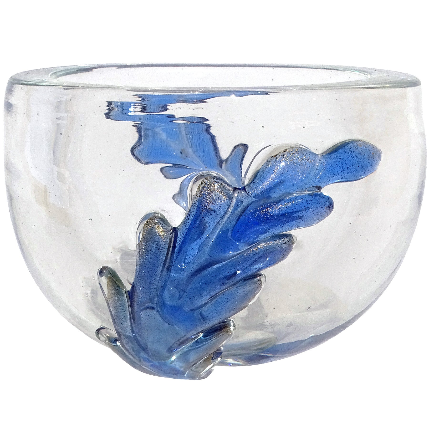 Seguso Murano Azul zafiro Motas doradas Vidrio artístico italiano Plumas aplicadas Cuenco