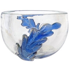 Seguso Murano Azul zafiro Motas doradas Vidrio artístico italiano Plumas aplicadas Cuenco