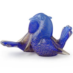 Seguso Murano Sapphire Blue Gold Flecks Italian Art Glass Love Birds Figurine