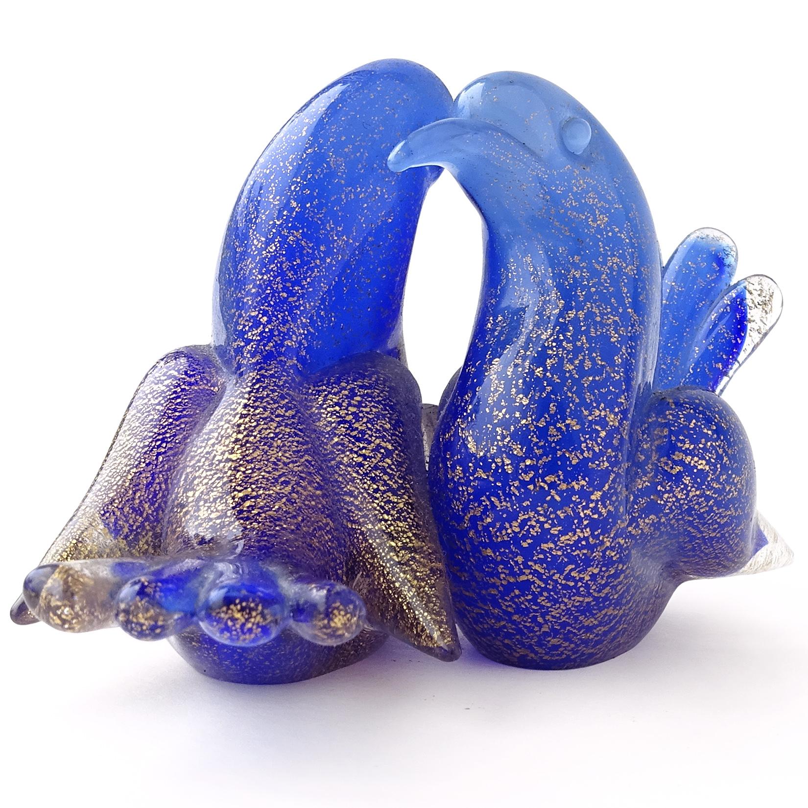 Mid-Century Modern Seguso Murano Sapphire Blue Gold Flecks Italian Art Glass Love Birds Figurine For Sale