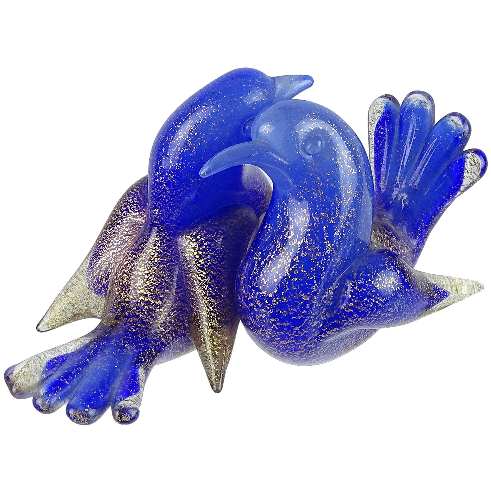 Seguso Murano Sapphire Blue Gold Flecks Italian Art Glass Love Birds Figurine