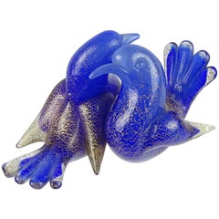 Seguso Murano Sapphire Blue Gold Flecks Italian Art Glass Love Birds Figurine