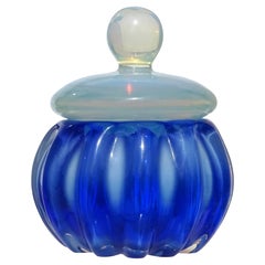 Seguso Murano Sapphire Fiery Opal White Vidrio de Arte Italiano Tarro de Polvo para Tocador