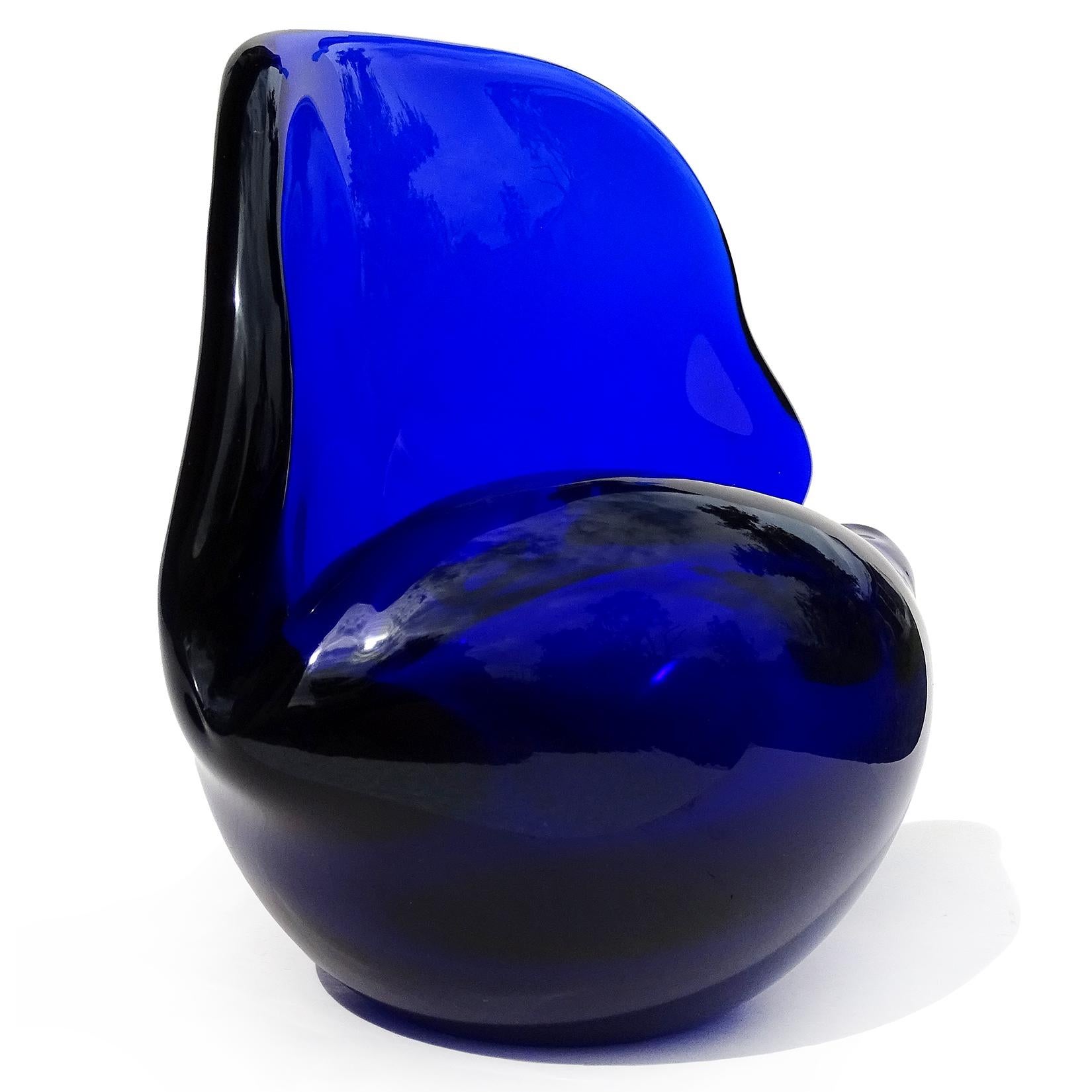 Beautiful, and very large, vintage Murano hand blown cobalt blue Italian art glass conch seashell sculpture. Documented to designer Archimede Seguso, and signed 