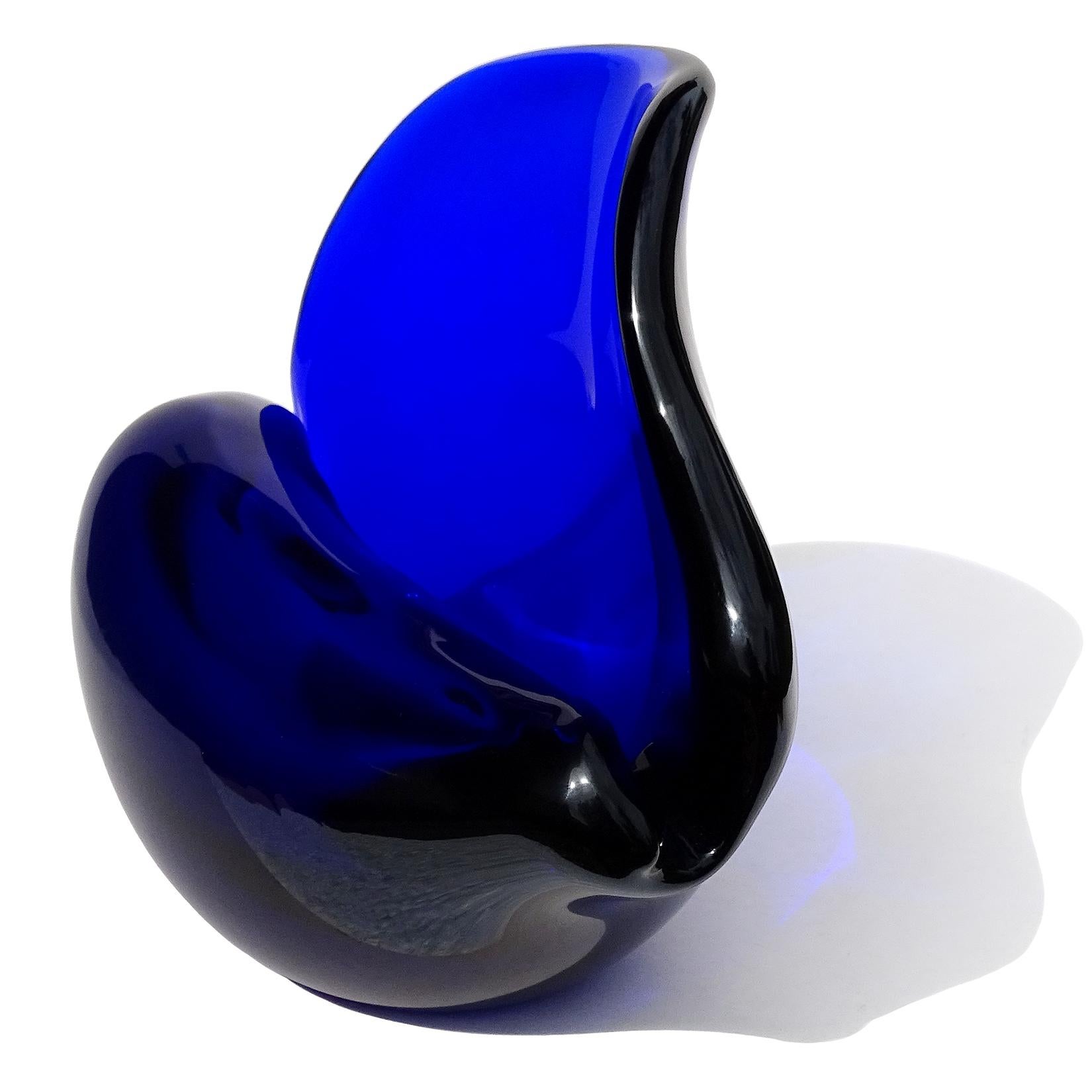 Hand-Crafted Seguso Murano Signed Cobalt Blue Italian Art Glass Conch Seashell Sculpture Bowl