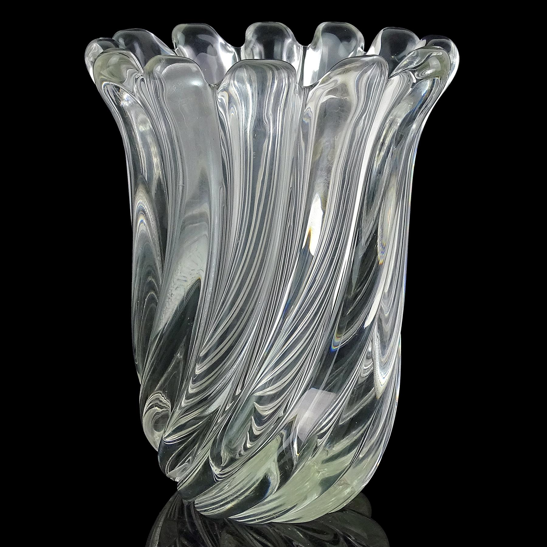 Mid-Century Modern Seguso Murano Signed Crystal Clear Ribbed Surface Italian Art Glass Flower Vase