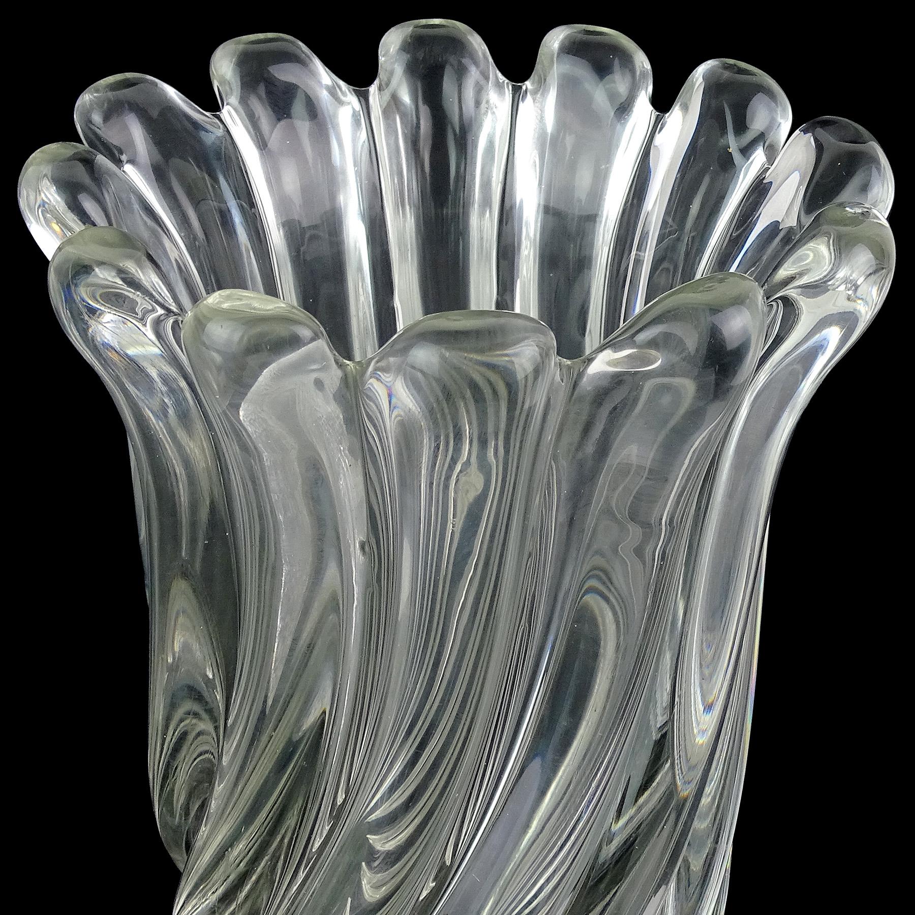 Hand-Crafted Seguso Murano Signed Crystal Clear Ribbed Surface Italian Art Glass Flower Vase