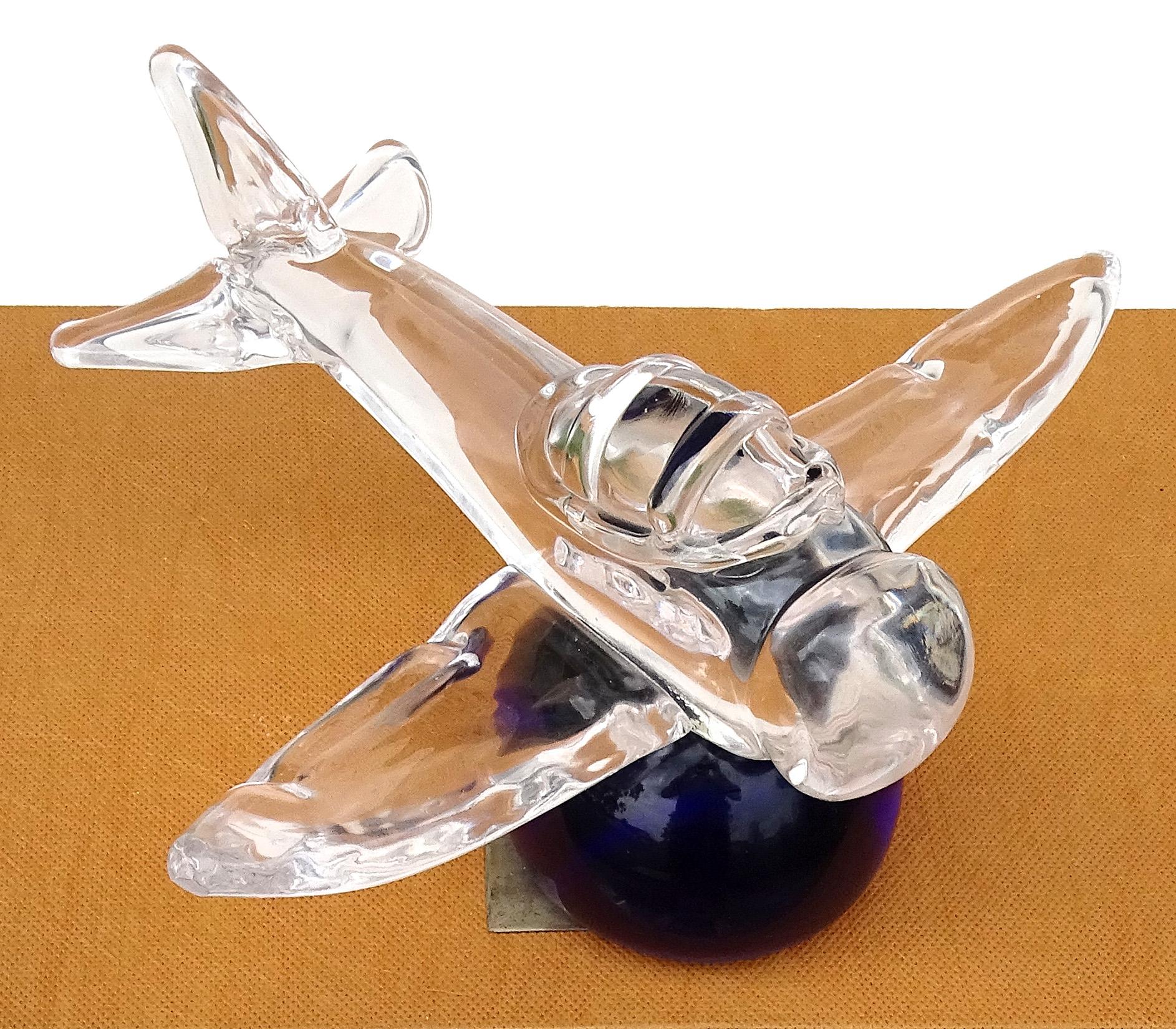 20th Century Seguso Murano Signed Italian Art Glass Clear Airplane Sculpture on Blue Base