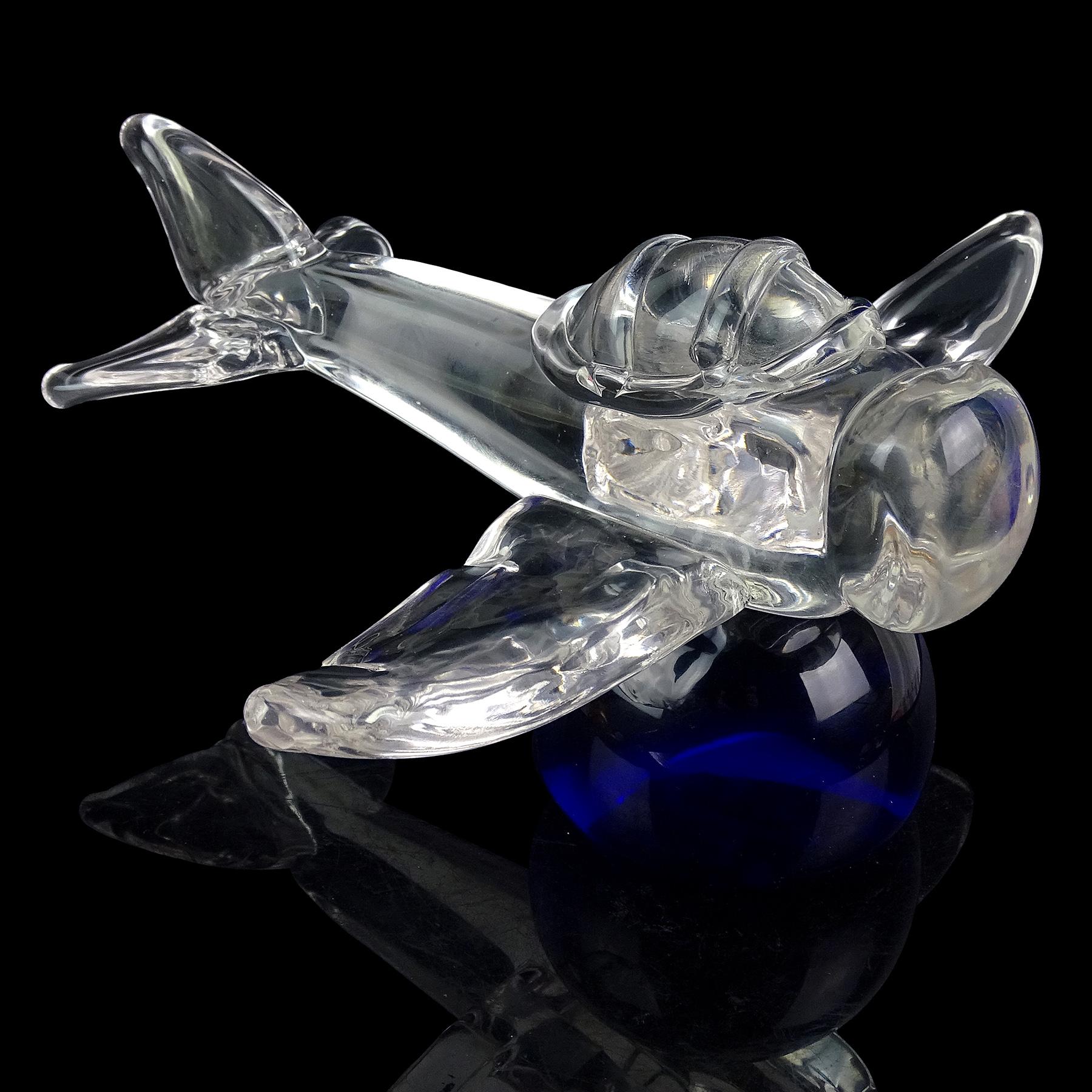 Blown Glass Seguso Murano Signed Italian Art Glass Clear Airplane Sculpture on Blue Base