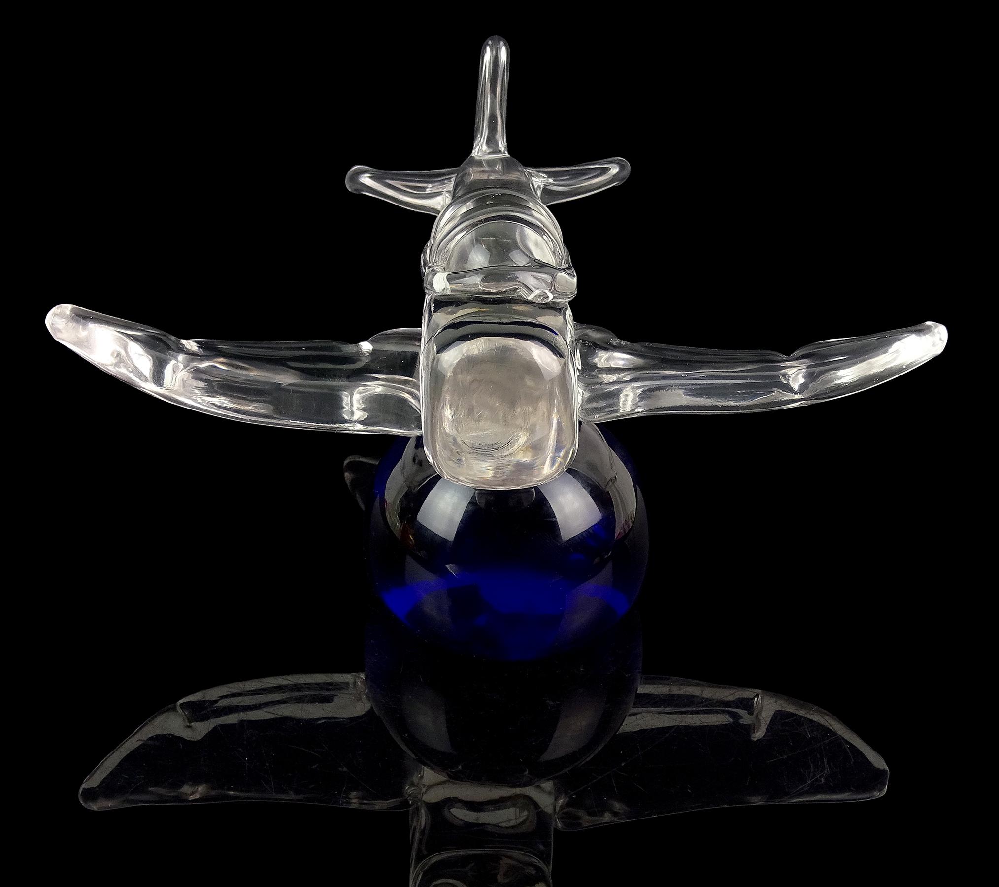 Seguso Murano Signed Italian Art Glass Clear Airplane Sculpture on Blue Base 1