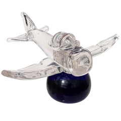 Vintage Seguso Murano Signed Italian Art Glass Clear Airplane Sculpture on Blue Base