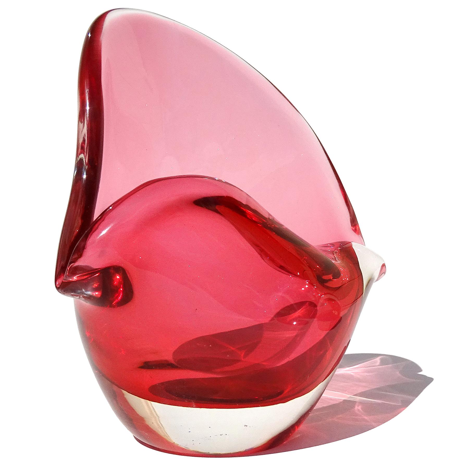 Beautiful, vintage Murano hand blown cranberry red - pink Italian art glass conch seashell sculpture. Documented to designer Archimede Seguso, and signed 