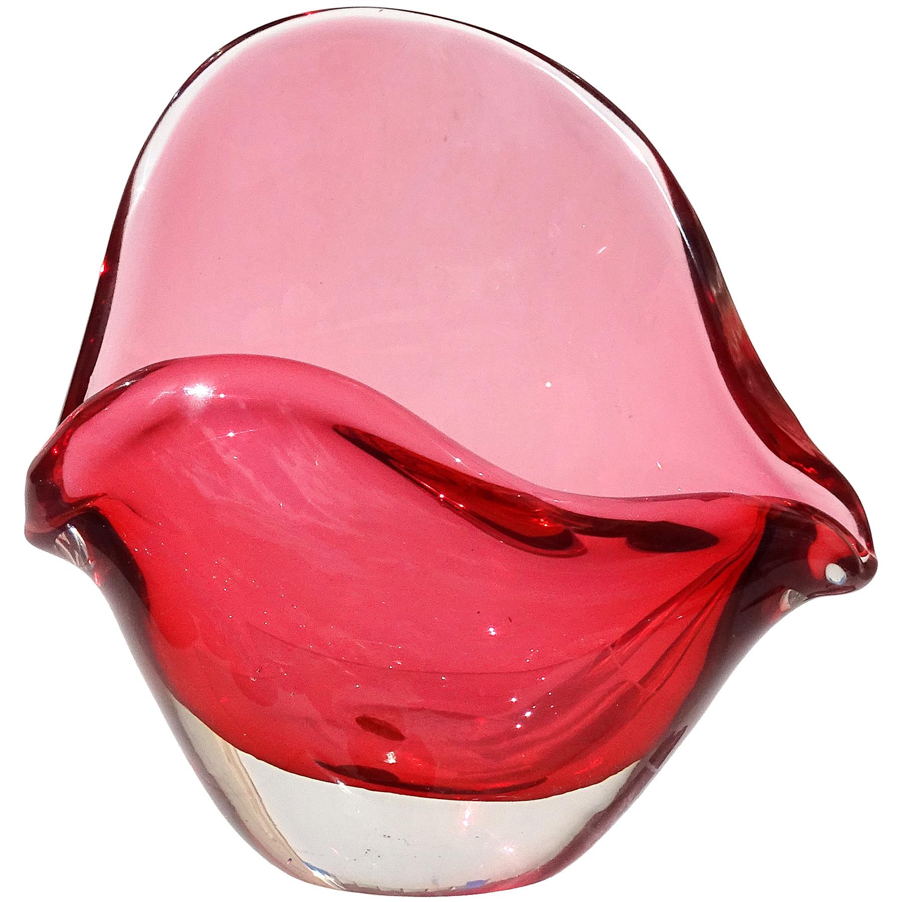 Seguso Murano Signed Red Pink Italian Art Glass Conch Seashell Sculpture Bowl
