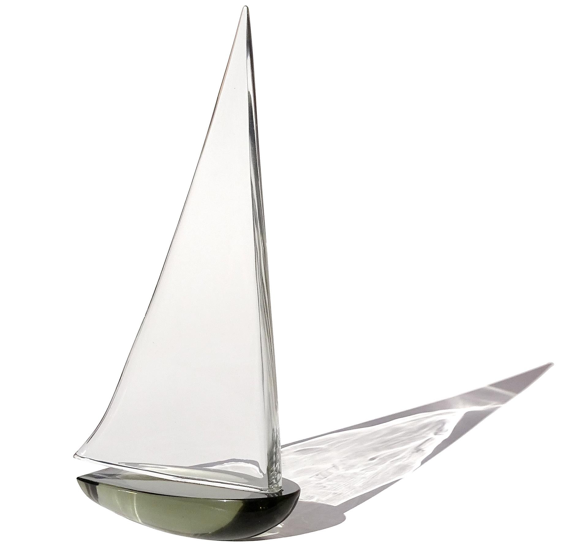 Hand-Crafted Seguso Murano Signed Topaz Clear Italian Art Glass Nautical Sailboat Sculpture For Sale