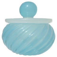 Seguso Murano Sky Blue White Opalescent Italian Art Glass Vanity Powder Box Jar