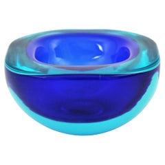 Seguso Murano Sommerso Blue Clear Glass Square Geode Art Glass Bowl