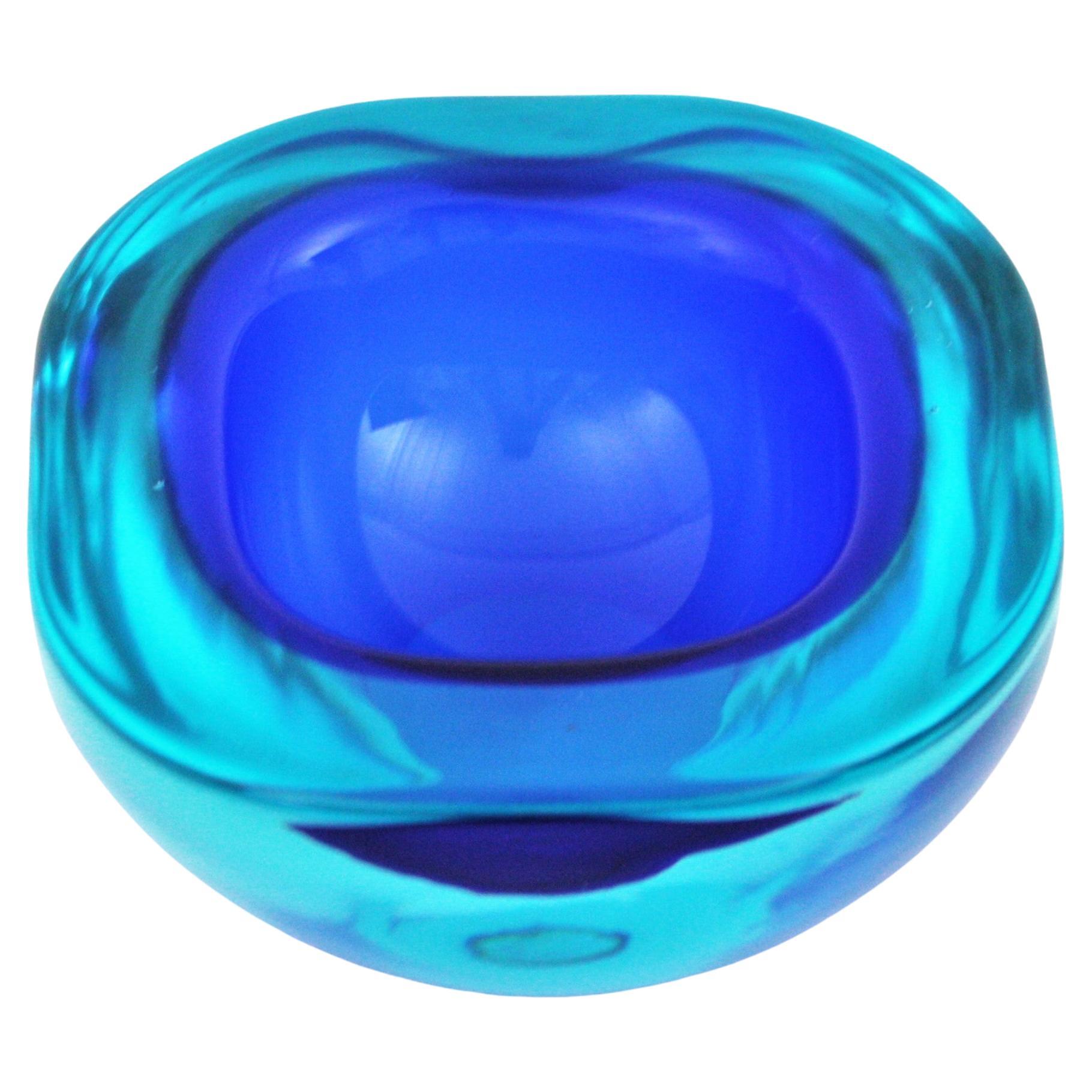 Seguso Murano Sommerso Blue Clear Glass Square Geode Art Glass Bowl