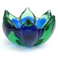 Lotus-Blumenschale aus italienischem Muranoglas in Blau und Grün von Seguso Sommerso