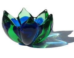Seguso Murano Sommerso Blue Green Italian Art Glass Lotus Flower Bowl Dish