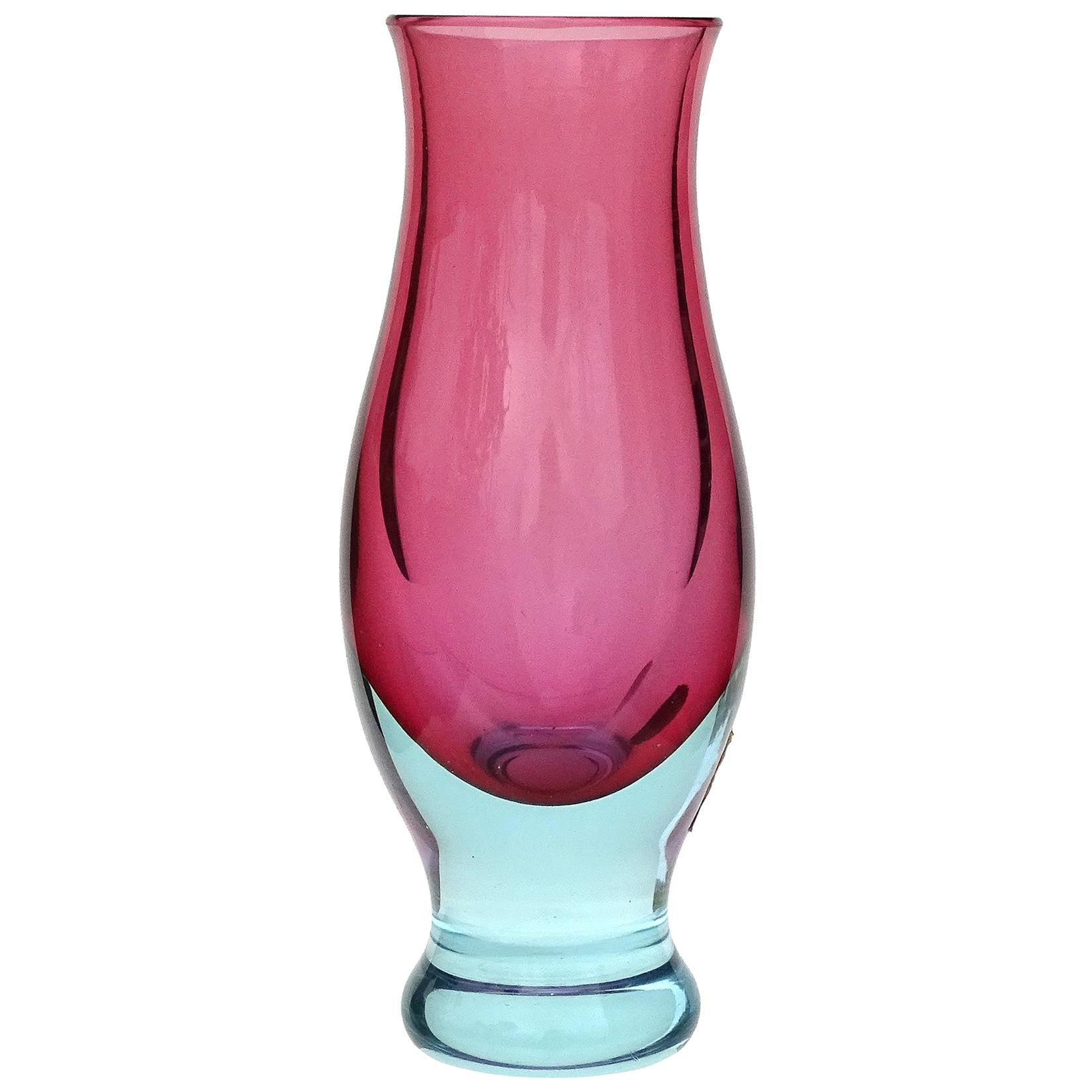Seguso Murano Sommerso Blue Pink Italian Art Glass Midcentury Flower Vase