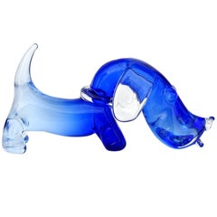 Vintage Seguso Murano Sommerso Cobalt Blue Italian Art Glass Dachshund Dog Sculpture