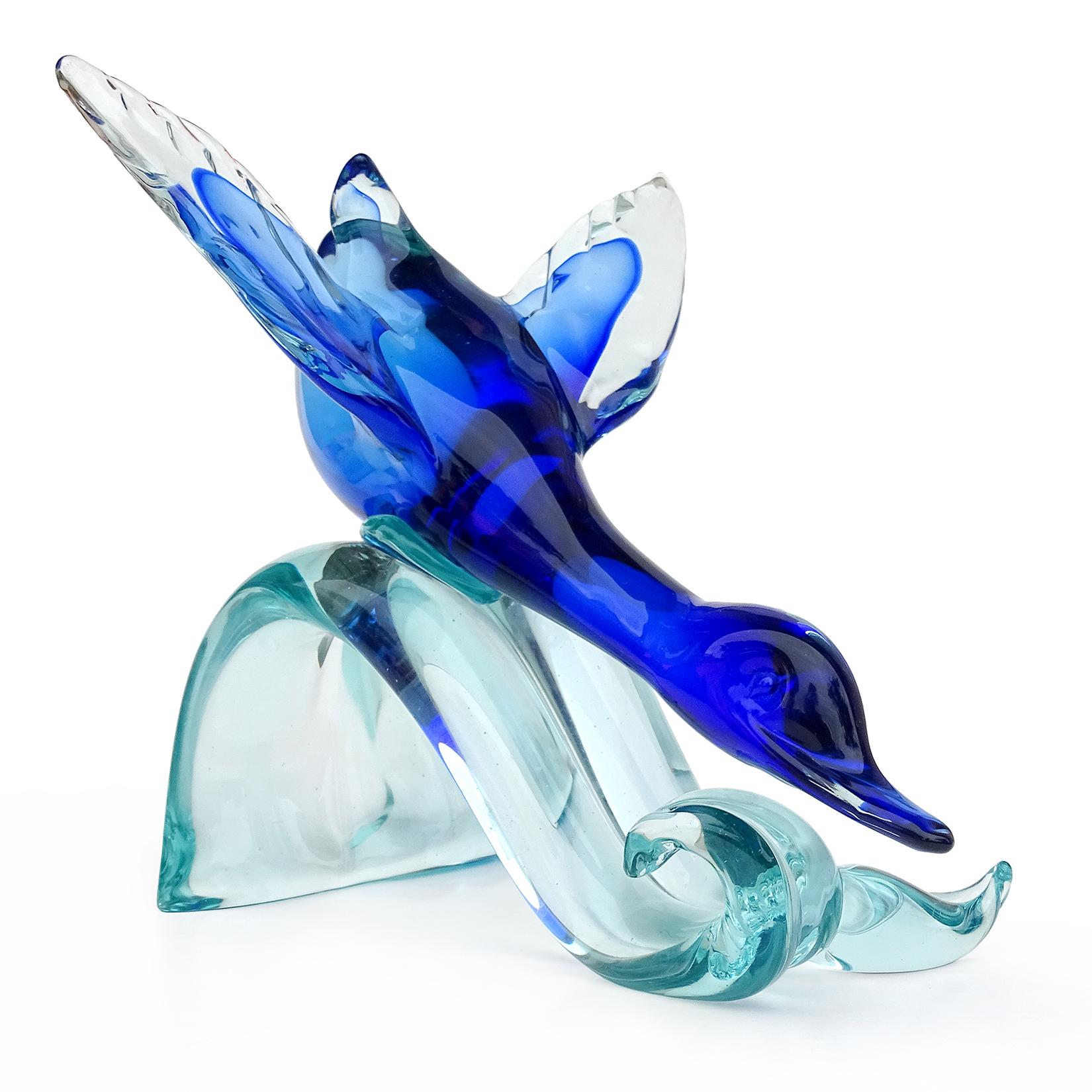Hand-Crafted Seguso Murano Sommerso Cobalt Blue Italian Art Glass Flying Duck Bird Sculpture