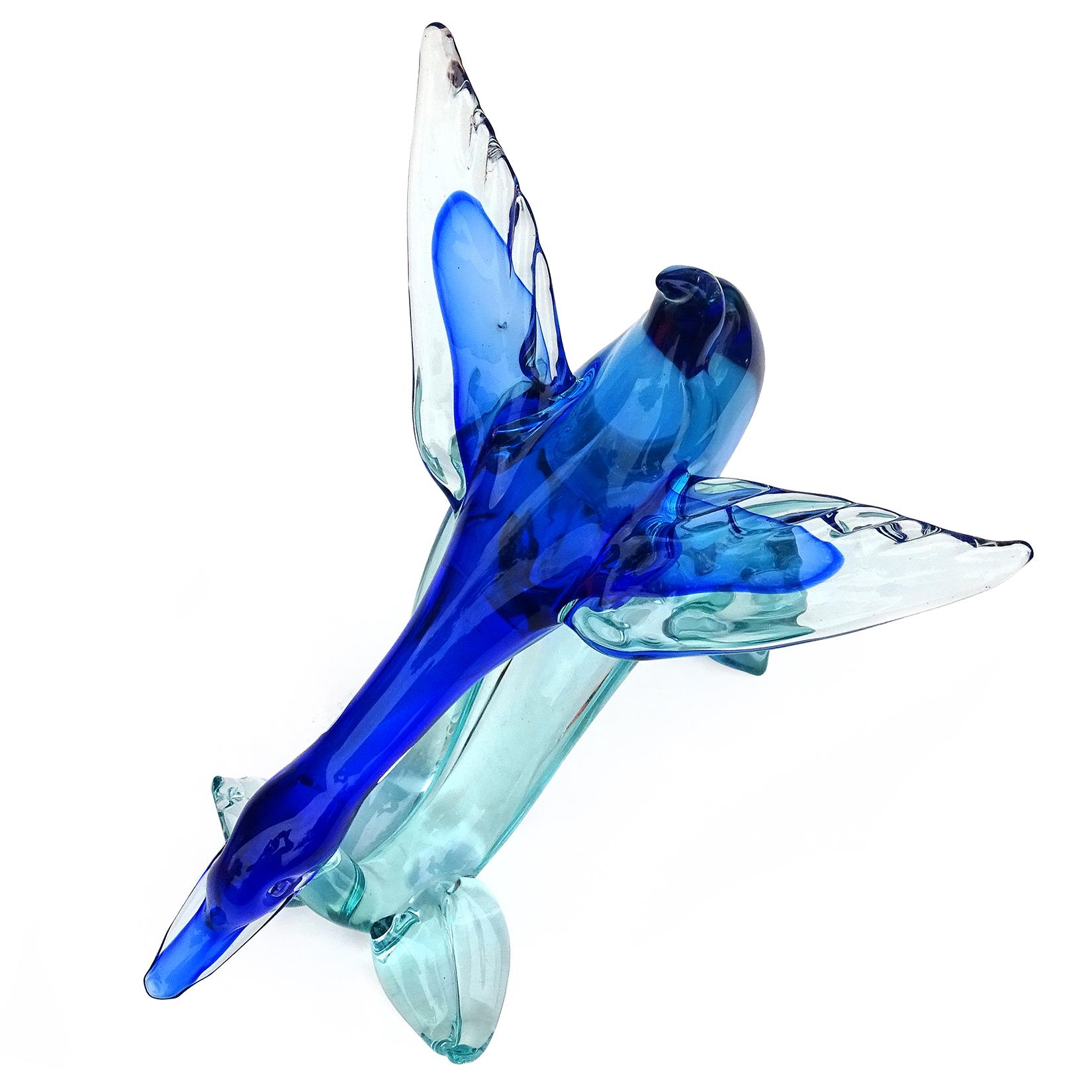 20th Century Seguso Murano Sommerso Cobalt Blue Italian Art Glass Flying Duck Bird Sculpture